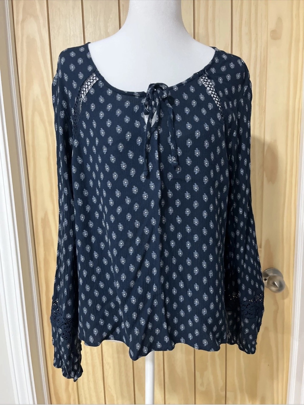Hollister Navy Tie-Front Printed Long-Sleeve Blouse